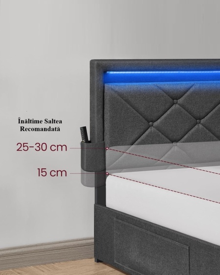 PAG2 - Pat tapitat, 140 sau 160 x 200 cm, cu 4 Sertare, LED, USB si USB-C, Organizatoare Carti - Gri - Img 6