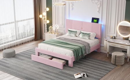 PARC205 - Pat tapitat cu LED si USB, 140 / 160 x 200 cm, cu Sertar - Gri - Img 4