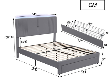 PARC205 - Pat tapitat cu LED si USB, 140 / 160 x 200 cm, cu Sertar - Gri - Img 10