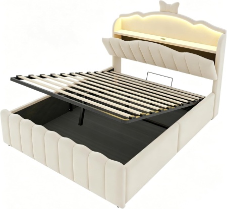 PARC208 - Pat tapitat cu LED, 140 x 200 cm - Pat copii, fetite cu Spatiu depozitare, Porturi USB si USB-C - Catifea Roz / Crem - Img 3