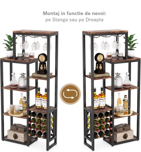 RVI4 - Rafturi Vin pentru, 80 cm, depozitare vin, raft stil industrial, bucatarie, living, dining - Negru Maro / Gri - Img 4