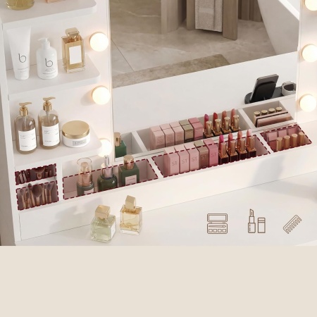 SEA203 - Masuta machiaj cu Oglinda LED, 5 Sertare pentru Cosmetice, Set Masa toaleta 108 cm, Alb, masuta cosmetica, vanity cu Priza si USB, Spuport Uscator Par - SEA203 - Img 6