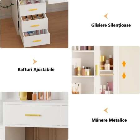 SEA23 - Set Masa toaleta 150 cm, cu Priza si USB, cosmetica, machiaj, oglinda cu LED, masuta vanity, make-up - Alb - Img 11
