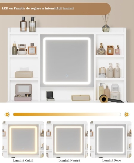 SEA827 - Set Masa toaleta 110 cm, cu Priza si USB, 5 Sertare, rafturi, Oglinda cu LED, Organizator Bijuterii, masuta vanity, make-up - Alb - Auriu - Img 7