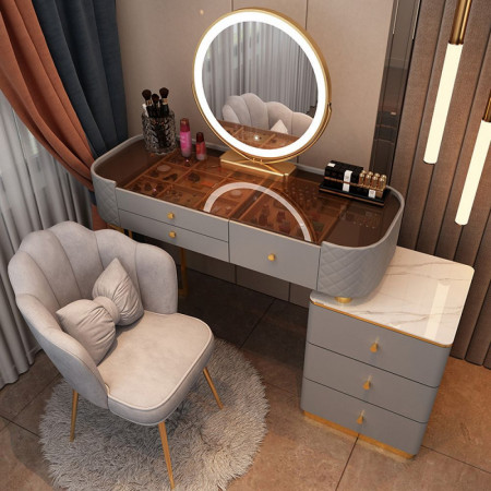 SEG12 - Set Masa toaleta, 100 cm, cosmetica, masa machiaj cu oglinda LED si scaun, masuta vanity - Gri-Auriu