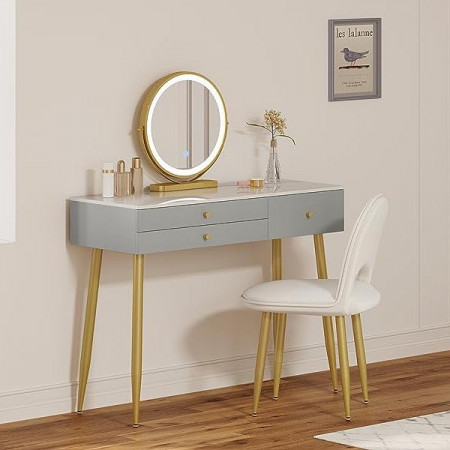 SEG212 - Set Masa toaleta, 100 cm, cosmetica machiaj, oglinda cu LED, masuta vanity, scaun tapitat - Gri - Alb - Auriu
