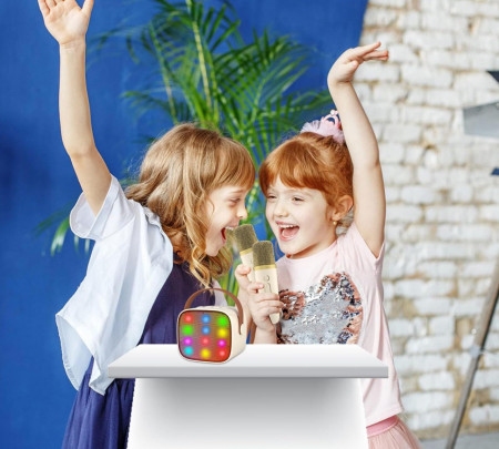 CADC4 - Set Sistem Mini Karaoke si 2 Mini Microfoane, Jucarii copii, Cadou pentru Craciun, Petreceri in familie - Bej - Img 4
