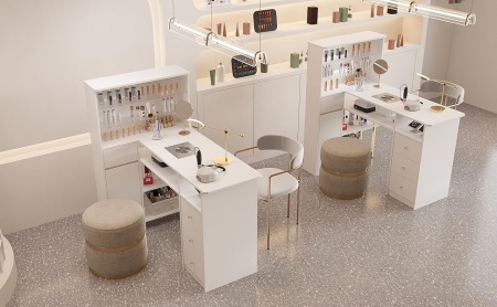 MANIAU211 - Masuta manichiura, 120 cm, birou, masa cosmetica pentru salon cu Aspirator Incorporat, Priza, LED, Sertare si Rafturi - Alb - Auriu - Img 8