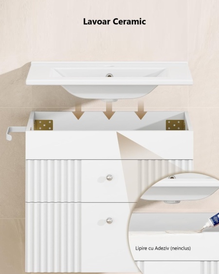 Masca de Chiuveta suspendata, 60 cm cu lavoar ceramic si Riflaj - Mobilier Baie VELORA - Img 5