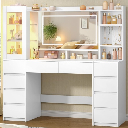 Masuta de machiaj 140 cm, cu Oglinda LED si 10 Sertare pentru Cosmetice, Set Masa toaleta Alba, masuta cosmetica, vanity cu dulapior si rafturi - SEA20 - Img 6
