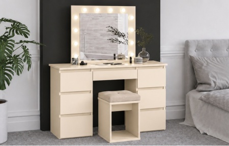 Masuta machiaj Crem cu Oglinda LED si 7 Sertare pentru Cosmetice, Set Masa toaleta 120 cm, masuta cosmetica, vanity - SEC502 - Img 7