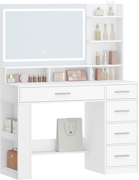 Masuta machiaj cu Oglinda HD LED si 5 Sertare pentru Cosmetice, Set Masa toaleta 108 cm, Alb, masuta cosmetica, vanity - SEA13 - Img 6