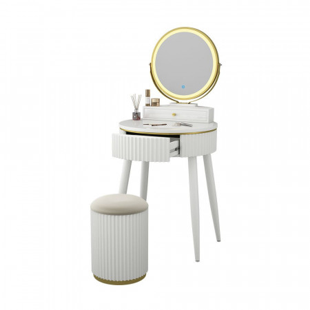 Masuta machiaj cu Oglinda LED si 1 Sertar pentru Cosmetice, Set Masa toaleta 60 cm, Alb, masuta vanity cu Riflaj, cosmetica - SEA459 - Img 2