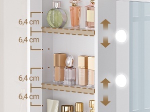 Masuta machiaj cu Oglinda LED si 10 Sertare pentru Cosmetice, Set Masa toaleta 150 cm, Alb, masuta cosmetica cu Priza si USB, vanity cu Suport Uscator de Par si Dulapior Bijuterii - SEA10 - Img 6
