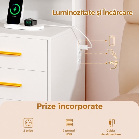 Masuta machiaj cu Oglinda LED si 10 Sertare si Rafturi pentru Cosmetice, Set Masa toaleta 150 cm, Alb, masuta cosmetica cu Priza si USB, vanity cu Dulapior Bijuterii - SEA204 - Img 7