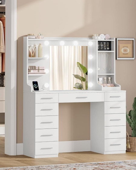 Masuta machiaj cu Oglinda LED si 11 Sertare pentru Cosmetice, Set Masa toaleta 108 cm, Alb, masuta cosmetica, vanity - SEA9 - Img 2