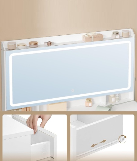 Masuta machiaj cu Oglinda LED si 11 Sertare pentru Cosmetice, Set Masa toaleta 108 cm, Alb, masuta cosmetica, vanity cu Priza si USB - SEA12 - Img 8