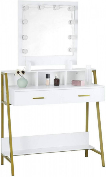 Masuta machiaj cu Oglinda LED si 2 Sertare pentru Cosmetice, Set Masa toaleta 90 cm, Alb, masuta cosmetica, vanity - SEA351 - Img 2
