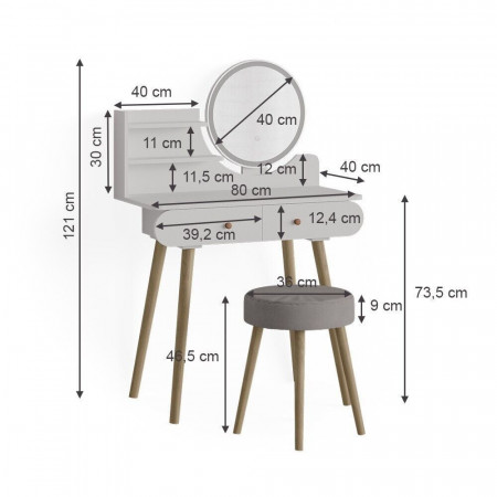 Masuta machiaj cu Oglinda LED si 2 Sertare pentru Cosmetice, Set Masa toaleta 80 cm, Alb, masuta cosmetica, vanity - SEA416 - Img 6