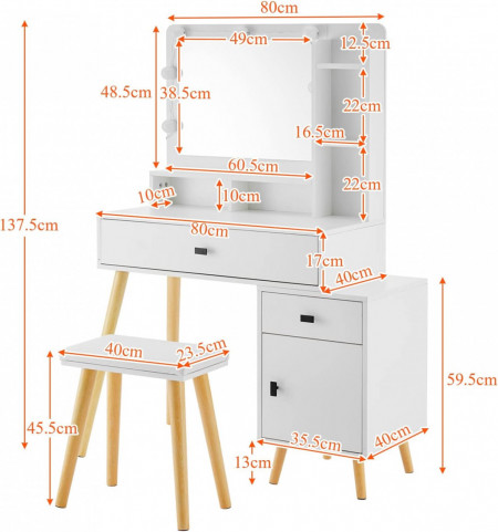 Masuta machiaj cu Oglinda LED si 2 Sertare pentru Cosmetice, Set Masa toaleta 80 cm, Alb, masuta cosmetica, vanity - SEA426 - Img 2