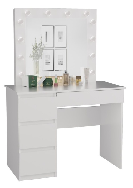 Masuta machiaj cu Oglinda LED si 2 Sertare pentru Cosmetice, Set Masa toaleta 98 cm, Alb, masuta cosmetica, vanity - SEA554 - Img 3