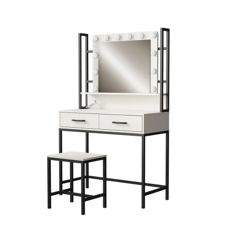 Masuta machiaj cu Oglinda LED si 2 Sertare pentru Cosmetice, Set Masa toaleta 90 cm, Alb, masuta cosmetica, vanity - SEA807 - Img 4