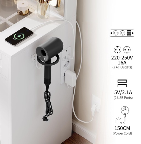 Masuta machiaj cu Oglinda LED si 2 Sertare pentru Cosmetice, Set Masa toaleta 90 cm, Alb, masuta cosmetica, vanity - SEA498 - Img 9