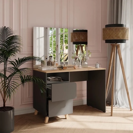 Masuta machiaj cu Oglinda LED si 2 Sertare pentru Cosmetice, Set Masa toaleta 110 cm, Gri, masuta cosmetica, vanity - SEG18 - Img 3