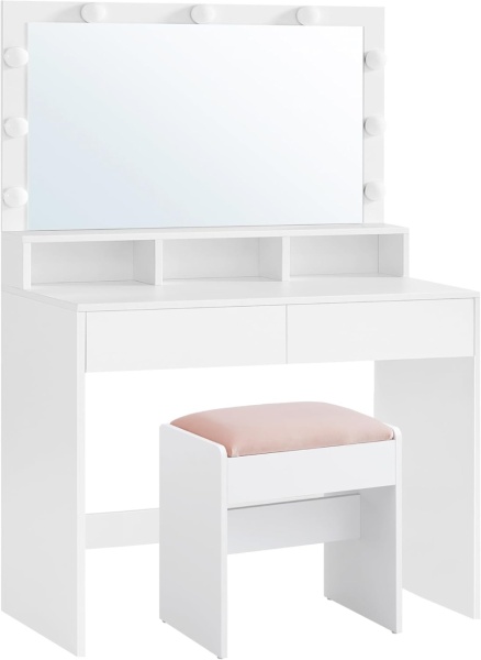 Masuta machiaj cu Oglinda LED si 2 Sertare pentru Cosmetice, Set Masa toaleta 80 cm, Alb, masuta cosmetica, vanity - SEA385 - Img 10