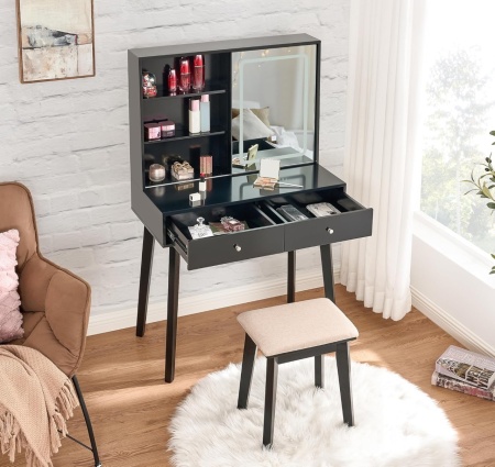 Masuta machiaj cu Oglinda LED si 2 Sertare pentru Cosmetice, Set Masa toaleta 80 cm, masuta cosmetica, vanity - SEN235 - Img 5