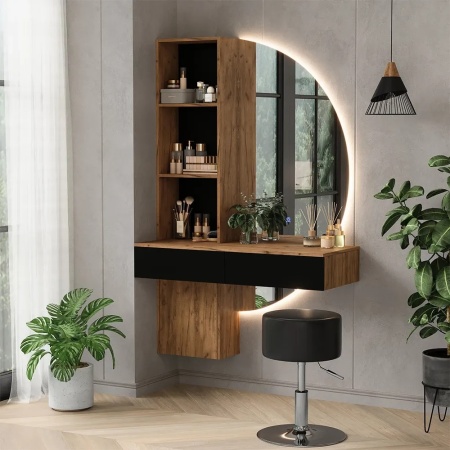 Masuta machiaj cu Oglinda LED si 2 Sertare pentru Cosmetice, Set Masa toaleta 100 cm, Negru, masuta cosmetica, vanity - SEM24 - Img 2