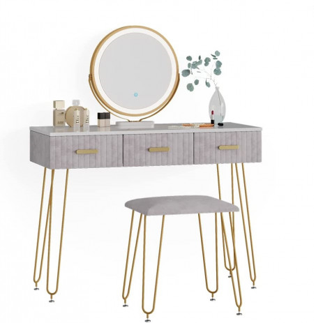 Masuta machiaj cu Oglinda LED si 3 Sertare pentru Cosmetice, Set Masa toaleta 100 cm, Alb, masuta cosmetica, vanity - SEA395 - Img 2