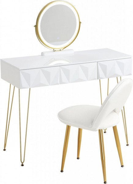 Masuta machiaj cu Oglinda LED si 3 Sertare pentru Cosmetice, Set Masa toaleta 100 cm, Alb Lucios, masuta cosmetica, vanity - SEA435 - Img 2
