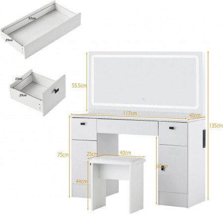 Masuta machiaj cu Oglinda LED si 3 Sertare pentru Cosmetice, Set Masa toaleta 117 cm, Alb, masuta cosmetica, vanity - SEA463 - Img 2