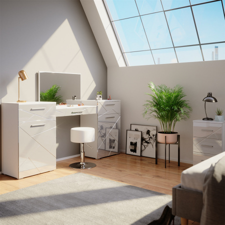 Masuta machiaj cu Oglinda LED si 3 Sertare pentru Cosmetice, Set Masa toaleta 190 cm, Alb Lucios, masuta cosmetica, vanity - SEA480 - Img 3