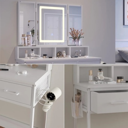 Masuta machiaj cu Oglinda LED si 3 Sertare pentru Cosmetice, Set Masa toaleta 90 cm, Alb, masuta cosmetica, vanity - SEA811 - Img 5