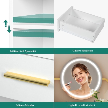 Masuta machiaj cu Oglinda LED si 3 Sertare pentru Cosmetice, Set Masa toaleta 80 cm, Alb, masuta cosmetica, vanity - SEA825 - Img 3