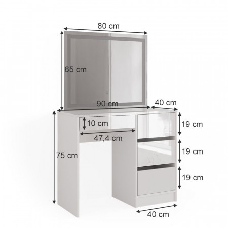 Masuta machiaj cu Oglinda LED si 4 Sertare pentru Cosmetice, Set Masa toaleta 90 cm, Alb Lucios, masuta cosmetica, vanity - SEA468 - Img 4