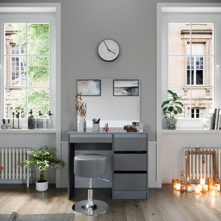 Masuta machiaj cu Oglinda LED si 4 Sertare pentru Cosmetice, Set Masa toaleta 90 cm, Gri, masuta cosmetica, vanity - SEG223 - Img 2