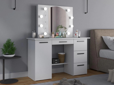 Masuta machiaj cu Oglinda LED si 4 Sertare pentru Cosmetice, Set Masa toaleta 120 cm, Alb, masuta cosmetica, vanity - SEA543 - Img 5