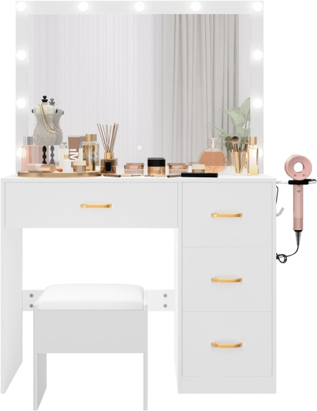 Masuta machiaj cu Oglinda LED si 4 Sertare pentru Cosmetice, Set Masa toaleta 90 cm, Alb, masuta cosmetica, vanity - SEA482 - Img 4
