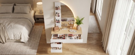 Masuta machiaj cu Oglinda LED si 4 Sertare pentru Cosmetice, Set Masa toaleta 106 cm, Alb - Maro, masuta cosmetica, vanity cu Riflaj si Rafturi - SEM247 - Img 9