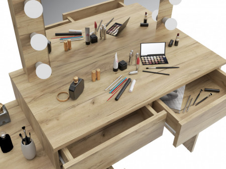 Masuta machiaj cu Oglinda LED si 5 Sertare pentru Cosmetice, Set Masa toaleta 112 cm, Stejar, masuta cosmetica, vanity - SEM510 - Img 5