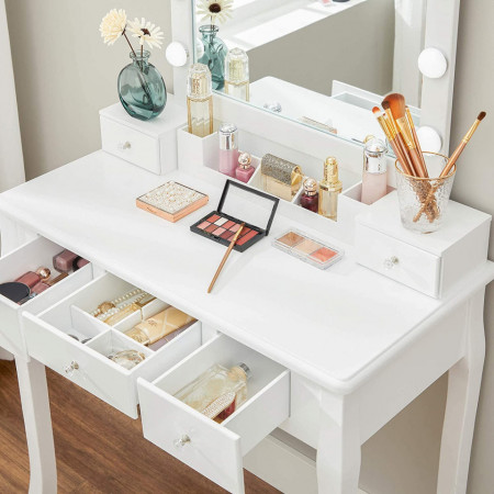 Masuta machiaj cu Oglinda LED si 5 Sertare pentru Cosmetice, Set Masa toaleta 80 cm, Alb, masuta cosmetica, vanity - SEA375 - Img 3