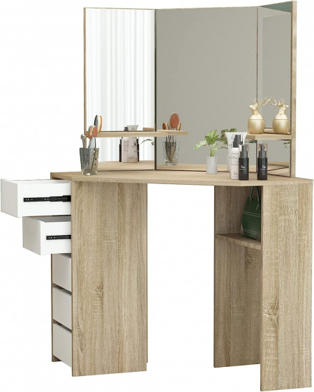 Masuta machiaj cu Oglinda LED si 5 Sertare pentru Cosmetice, Set Masa toaleta 110 cm, Alb, masuta cosmetica, vanity - SEM14 - Img 4