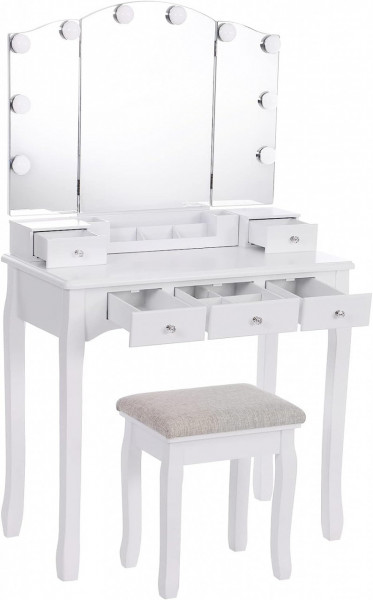 Masuta machiaj cu Oglinda LED si 5 Sertare pentru Cosmetice, Set Masa toaleta 80 cm, Alb, masuta cosmetica, vanity - SEA92 - Img 3