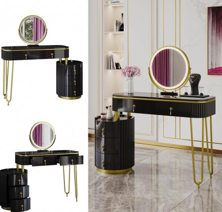 Masuta machiaj cu Oglinda LED si 5 Sertare pentru Cosmetice, Set Masa toaleta 100 cm, Negru, masuta cosmetica, vanity - SEN243 - Img 8