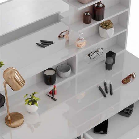 Masuta machiaj cu Oglinda LED si 5 Sertare pentru Cosmetice, Set Masa toaleta 120 cm, Alb Lucios, masuta cosmetica, vanity - SEA465 - Img 5