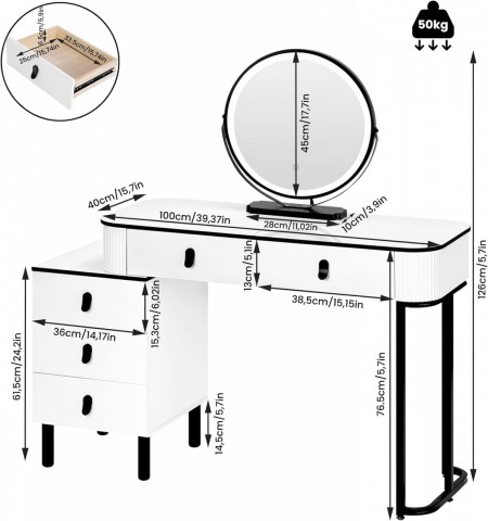 Masuta machiaj cu Oglinda LED si 5 Sertare pentru Cosmetice, Set Masa toaleta 100 cm, Alb, masuta cosmetica, vanity - SEA470 - Img 3