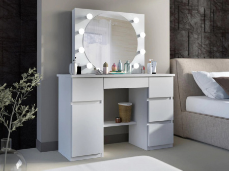 Masuta machiaj cu Oglinda LED si 5 Sertare pentru Cosmetice, Set Masa toaleta 120 cm, Alb, masuta cosmetica, vanity - SEA545 - Img 7